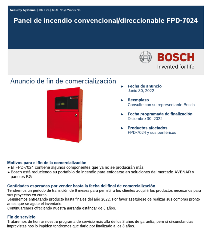 Anuncio Bosch fin 7024 Ing Latam Bosch FPD-7024 descontinuado anuncio oficial fin de comercialización